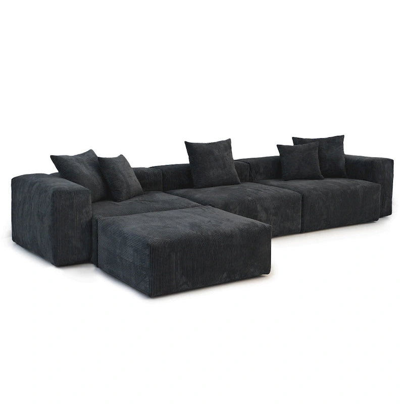 142 Sofá Seccional Oversized en Pana con Forma de L, Clásico y Profundo, con Otomana