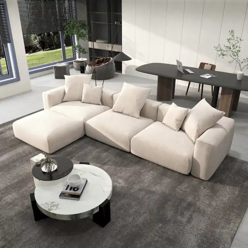 142 Sofá Seccional Oversized en Pana con Forma de L, Clásico y Profundo, con Otomana