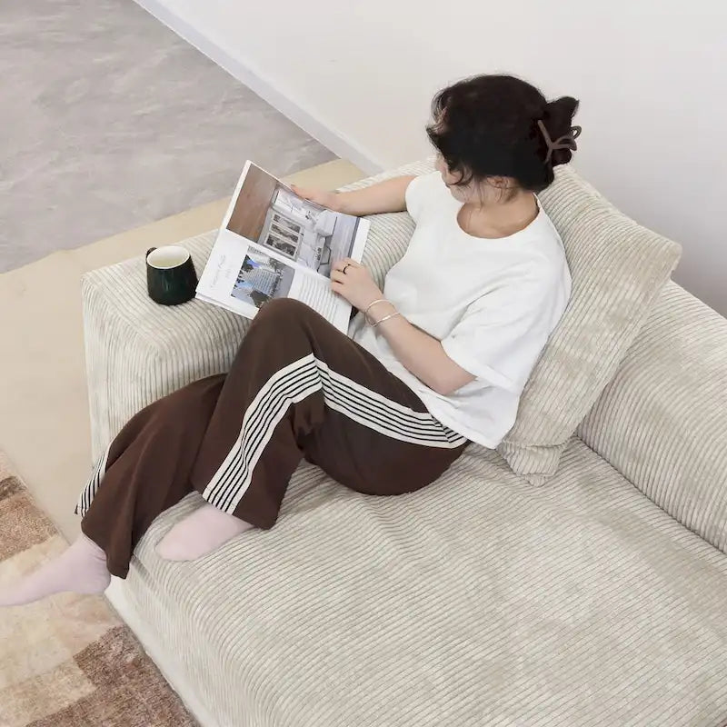 142 Sofá Seccional Oversized en Pana con Forma de L, Clásico y Profundo, con Otomana