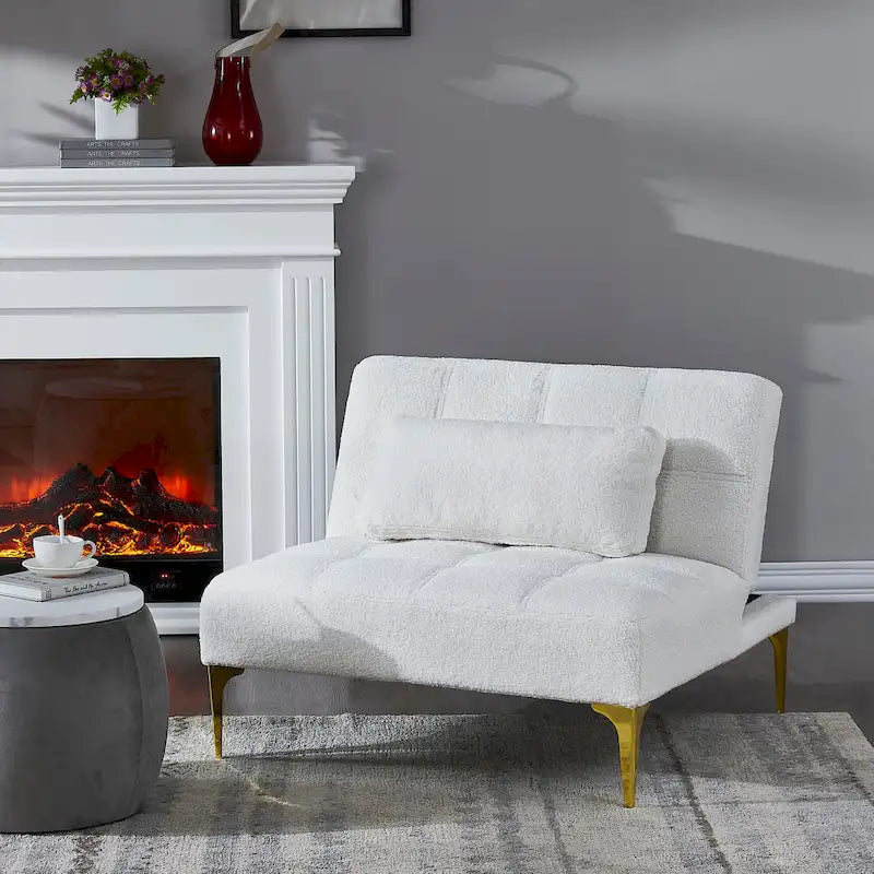Sofá Cama Futón Convertible de Tela Teddy con Patas Metálicas Doradas
