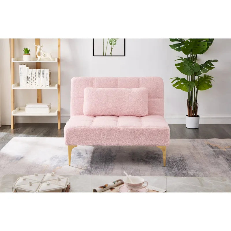 Sofá Cama Futón Convertible de Tela Teddy con Patas Metálicas Doradas