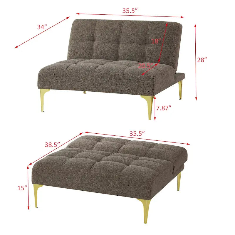 Sofá Cama Futón Convertible de Tela Teddy con Patas Metálicas Doradas