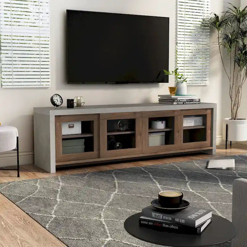 Mueble de TV de almacenamiento multifuncional de cristal contemporáneo de 71 pulgadas