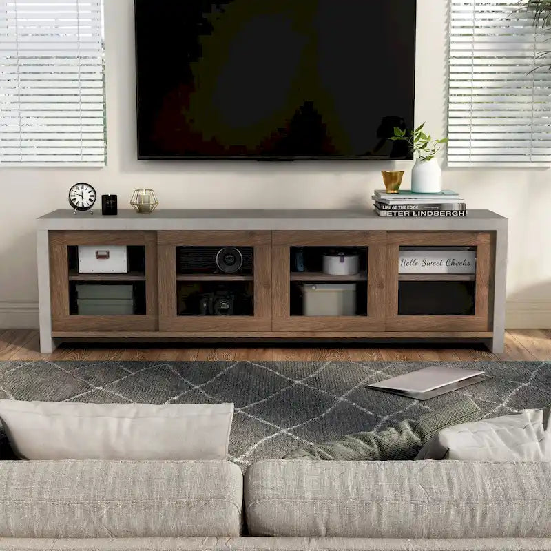Mueble de TV de almacenamiento multifuncional de cristal contemporáneo de 71 pulgadas