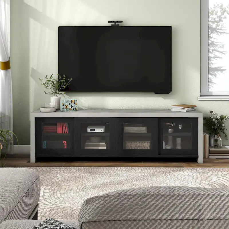 Mueble de TV de almacenamiento multifuncional de cristal contemporáneo de 71 pulgadas