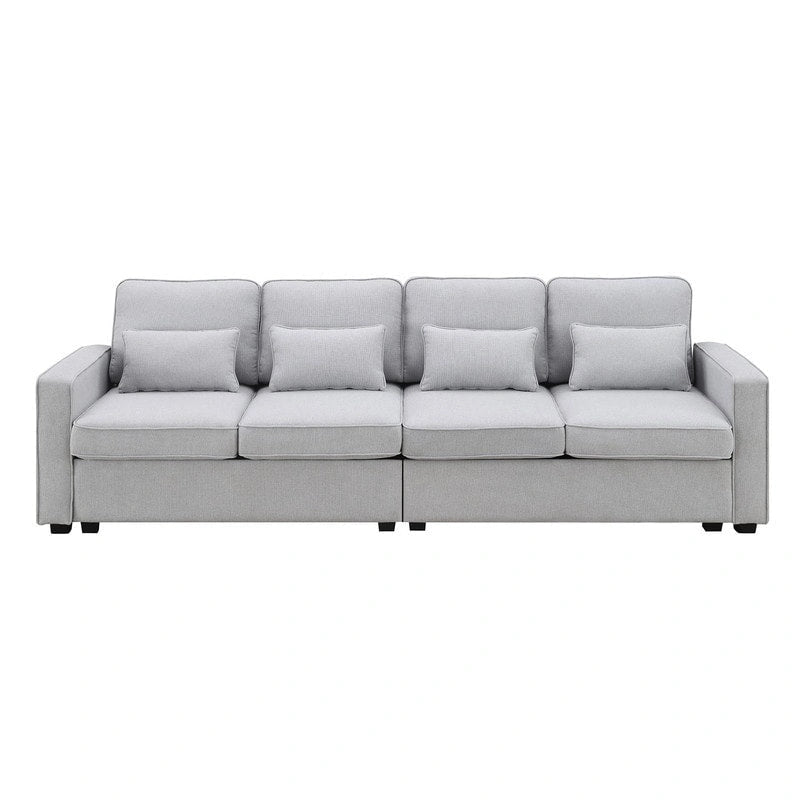 104Sofá Tapizado con Bolsillos en los Apoyabrazos y 4 Cojines, Sofá de Tela de Lino Moderno de 4 Plazas Estilo Minimalista