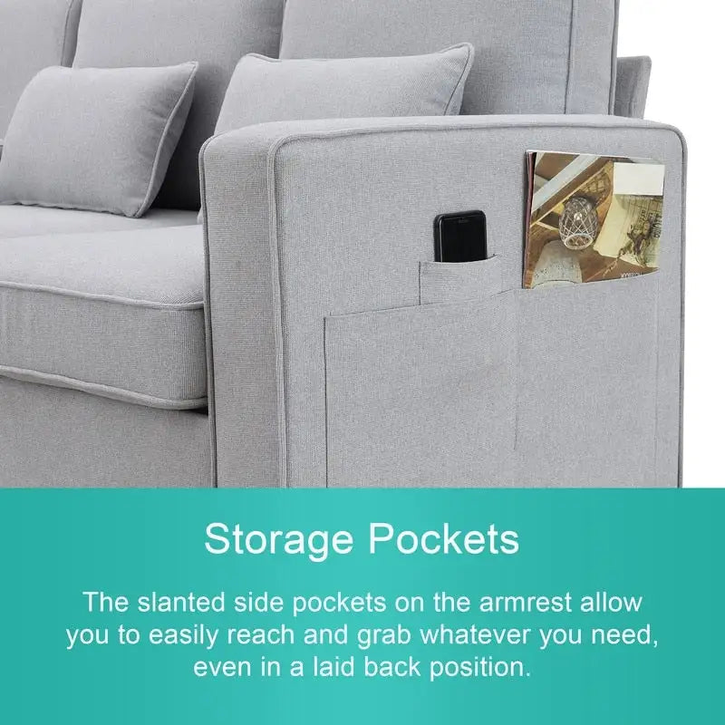 104Sofá Tapizado con Bolsillos en los Apoyabrazos y 4 Cojines, Sofá de Tela de Lino Moderno de 4 Plazas Estilo Minimalista