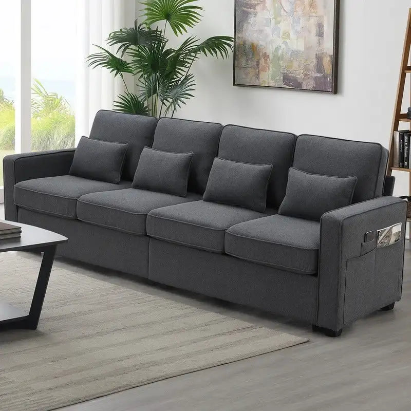 104Sofá Tapizado con Bolsillos en los Apoyabrazos y 4 Cojines, Sofá de Tela de Lino Moderno de 4 Plazas Estilo Minimalista