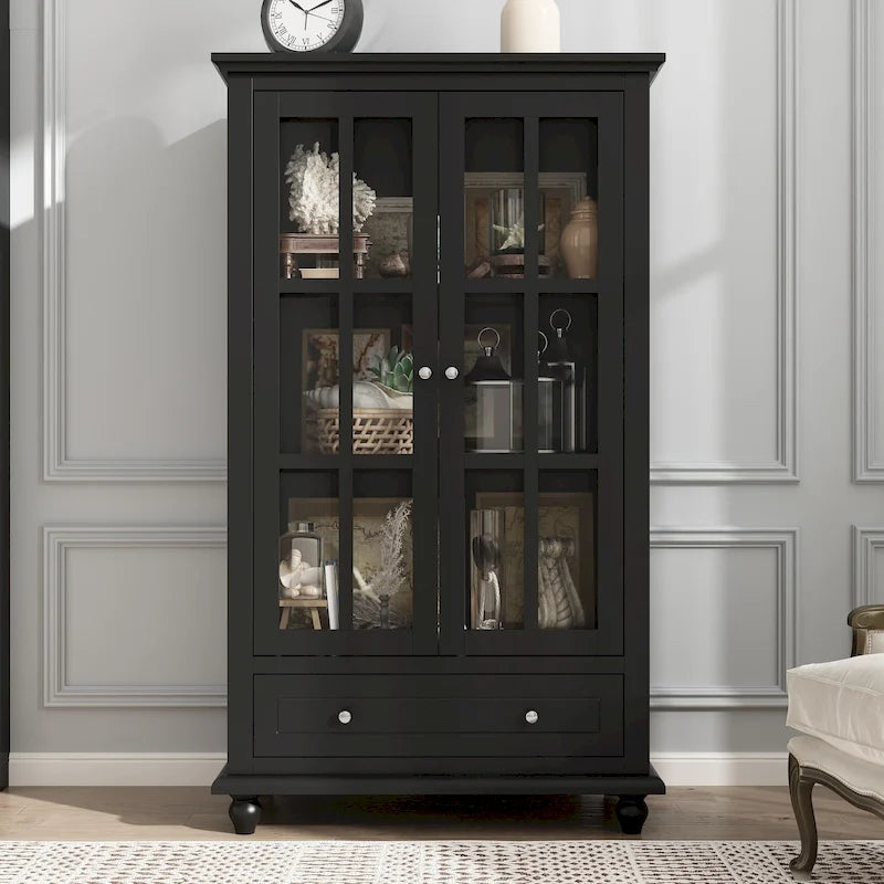 Aparador de laca tipo bufé de 55.1 pulgadas, vitrina con puertas de vidrio, librería