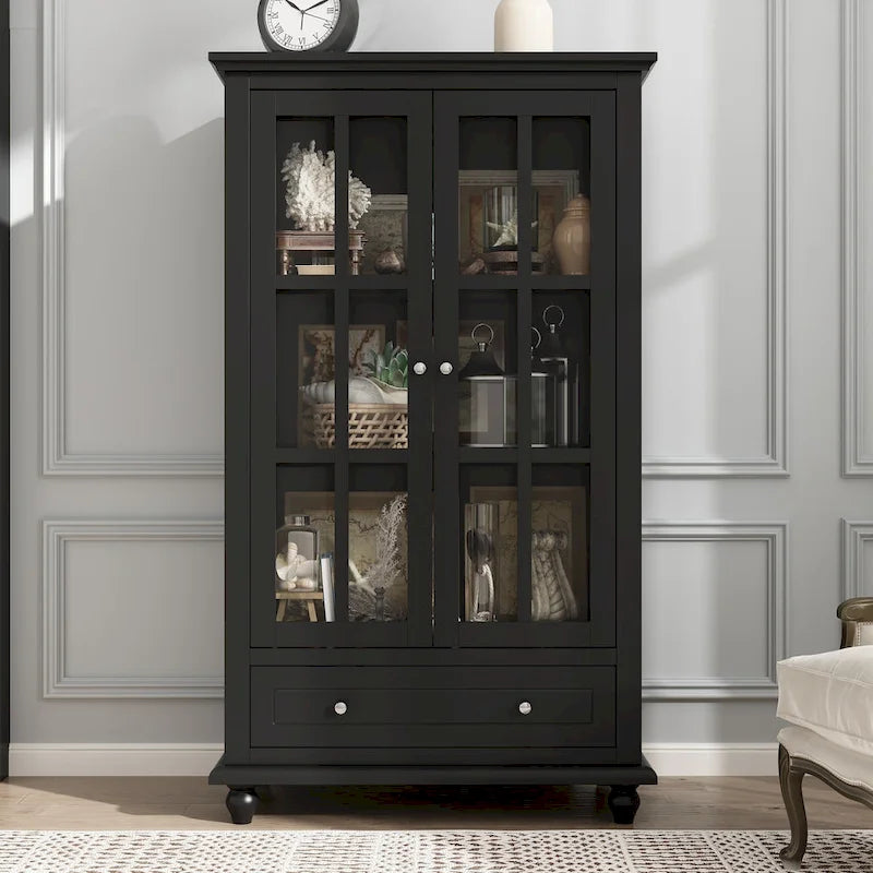 Aparador de laca tipo bufé de 55.1 pulgadas, vitrina con puertas de vidrio, librería