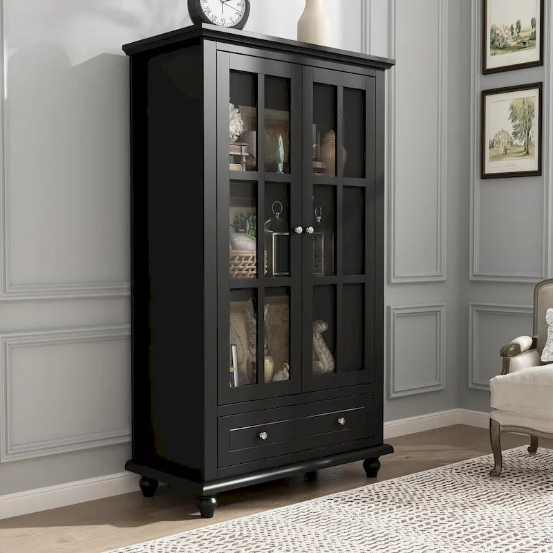 Aparador de laca tipo bufé de 55.1 pulgadas, vitrina con puertas de vidrio, librería