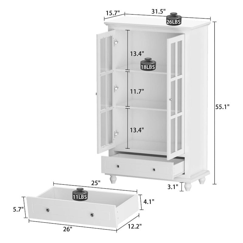 Aparador de laca tipo bufé de 55.1 pulgadas, vitrina con puertas de vidrio, librería