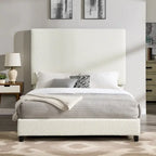Cama Plataforma Tapizada con Cabecero Alto de Pana Blanca