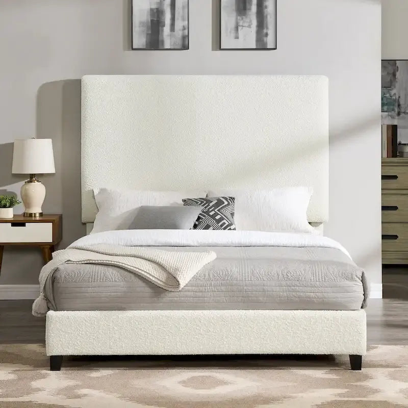 Cama Plataforma Tapizada con Cabecero Alto de Pana Blanca