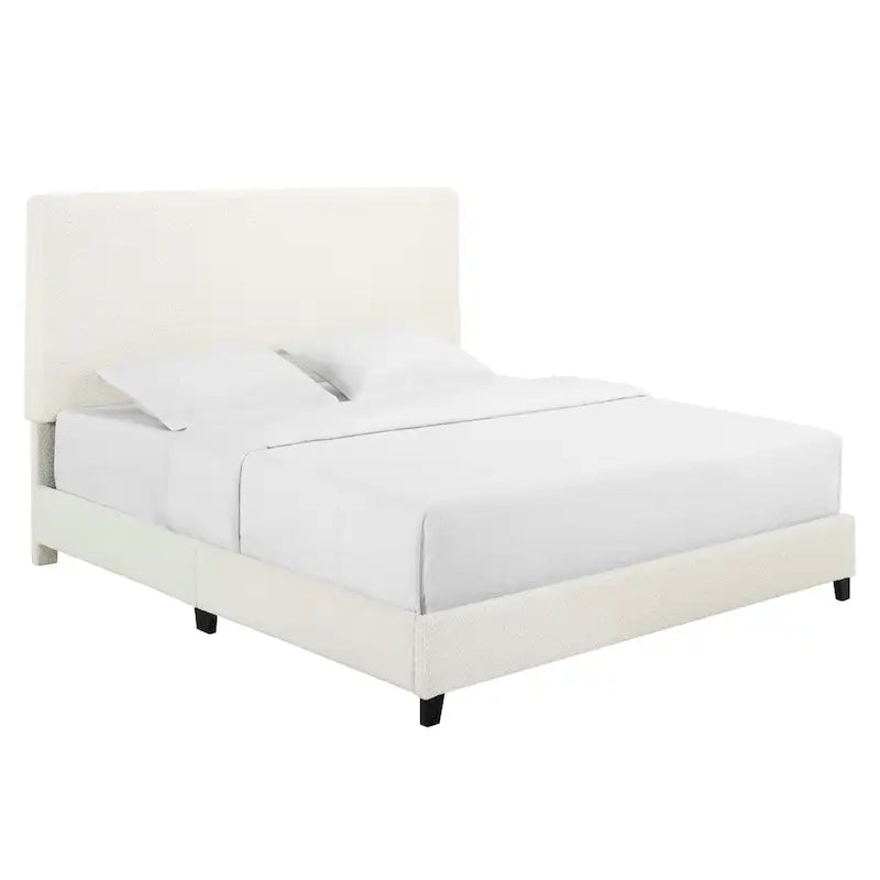 Cama Plataforma Tapizada con Cabecero Alto de Pana Blanca