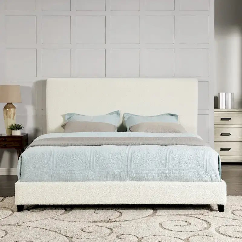 Cama Plataforma Tapizada con Cabecero Alto de Pana Blanca