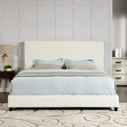 Cama Plataforma Tapizada con Cabecero Alto de Pana Blanca