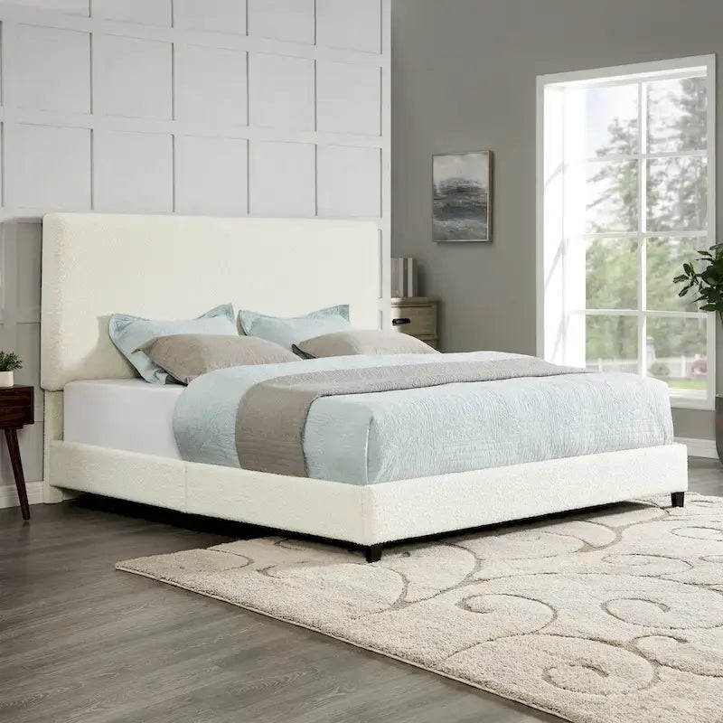 Cama Plataforma Tapizada con Cabecero Alto de Pana Blanca