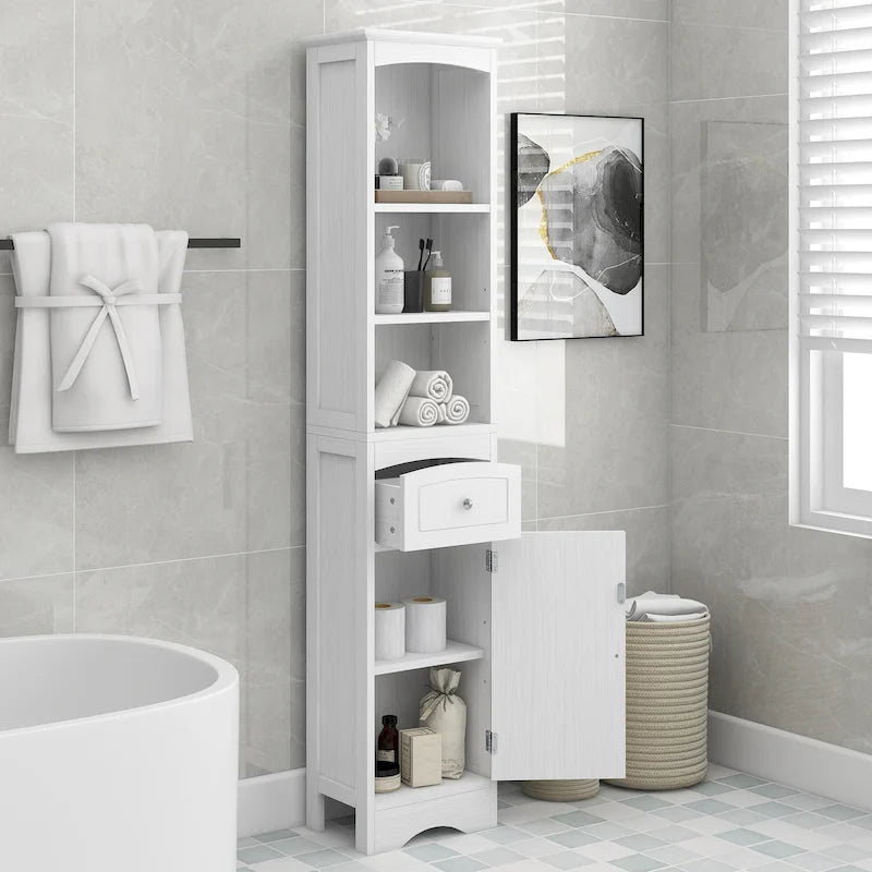 Armario de baño alto, Armario de almacenamiento independiente con cajón, Tablero de MDF, Estante ajustable, Blanco