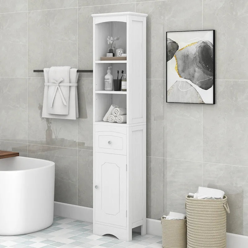 Armario de baño alto, Armario de almacenamiento independiente con cajón, Tablero de MDF, Estante ajustable, Blanco