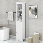 Armario de baño alto, Armario de almacenamiento independiente con cajón, Tablero de MDF, Estante ajustable, Blanco