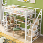 Cama alta metálica individual con escalera, escritorio integrado y estantes de almacenamiento, blanco