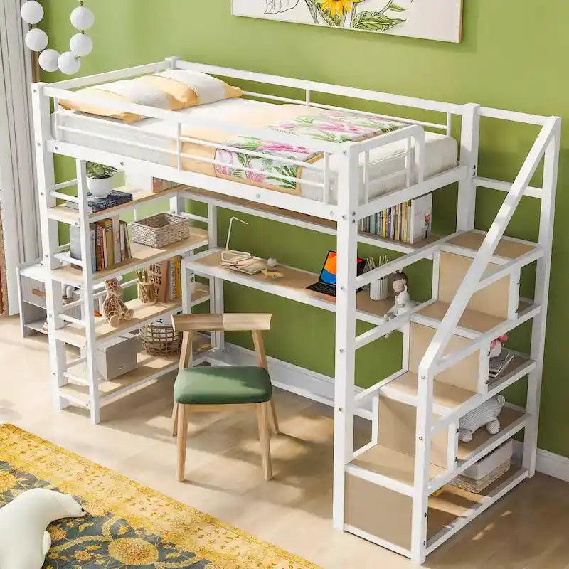 Cama alta metálica individual con escalera, escritorio integrado y estantes de almacenamiento, blanco