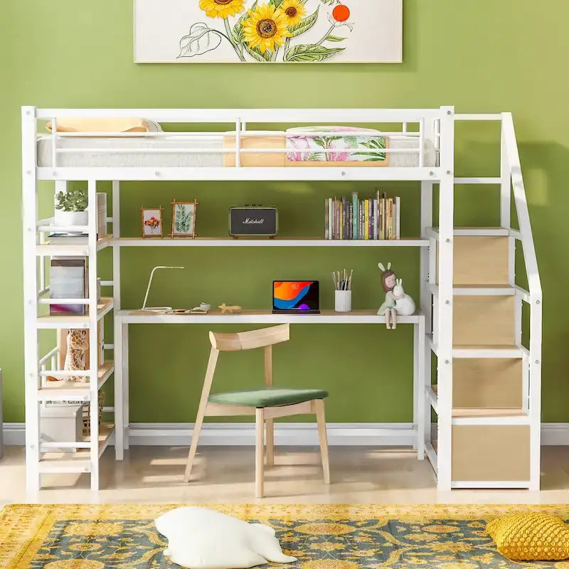 Cama alta metálica individual con escalera, escritorio integrado y estantes de almacenamiento, blanco