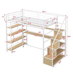 Cama alta metálica individual con escalera, escritorio integrado y estantes de almacenamiento, blanco