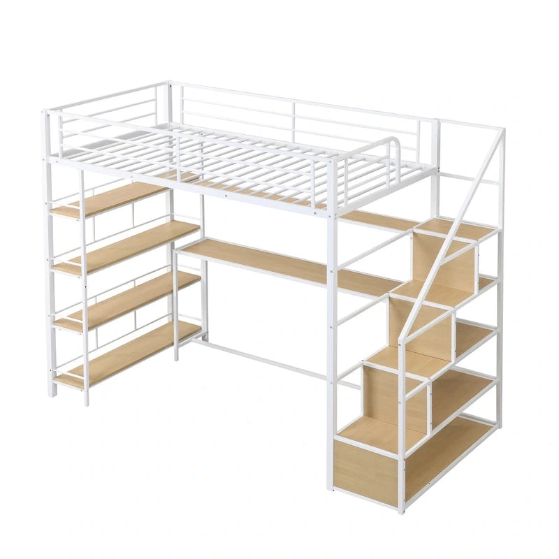 Cama alta metálica individual con escalera, escritorio integrado y estantes de almacenamiento, blanco