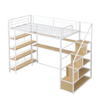 Cama alta metálica individual con escalera, escritorio integrado y estantes de almacenamiento, blanco