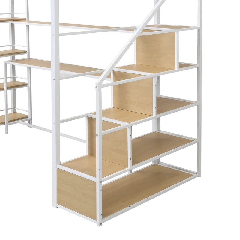 Cama alta metálica individual con escalera, escritorio integrado y estantes de almacenamiento, blanco