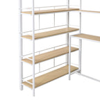 Cama alta metálica individual con escalera, escritorio integrado y estantes de almacenamiento, blanco