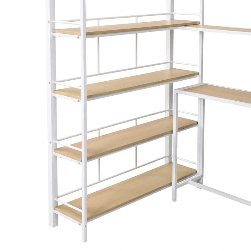 Cama alta metálica individual con escalera, escritorio integrado y estantes de almacenamiento, blanco