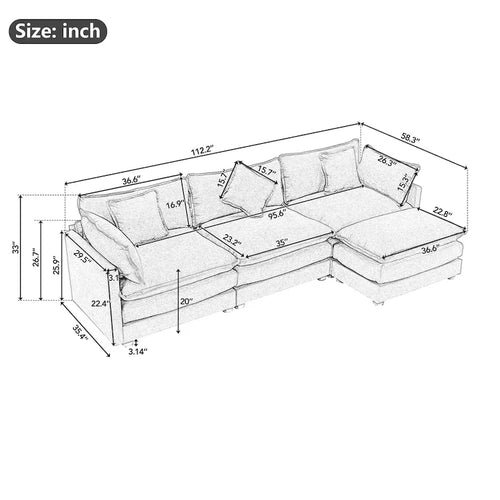 Sofá esquinero tapizado en chenilla de 112.2" para sala de estar, sofá moderno de lujo con otomana, 5 almohadas, beige