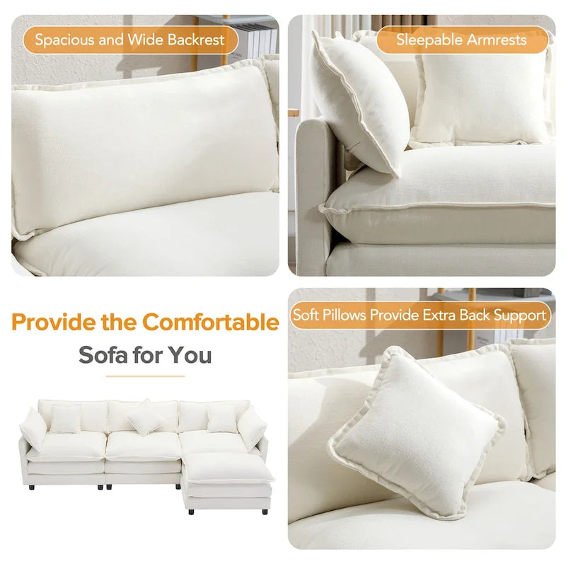 Sofá esquinero tapizado en chenilla de 112.2" para sala de estar, sofá moderno de lujo con otomana, 5 almohadas, beige