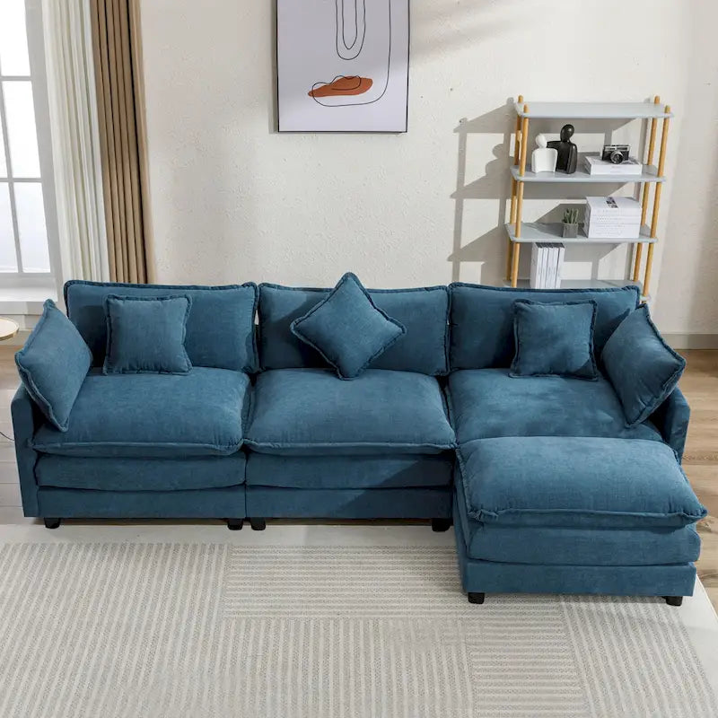 Sofá esquinero tapizado en chenilla de 112.2" para sala de estar, sofá moderno de lujo con otomana, 5 almohadas, beige