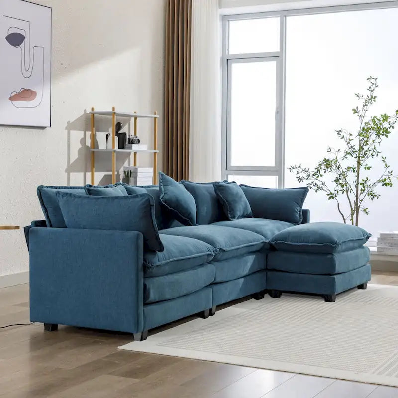 Sofá esquinero tapizado en chenilla de 112.2" para sala de estar, sofá moderno de lujo con otomana, 5 almohadas, beige