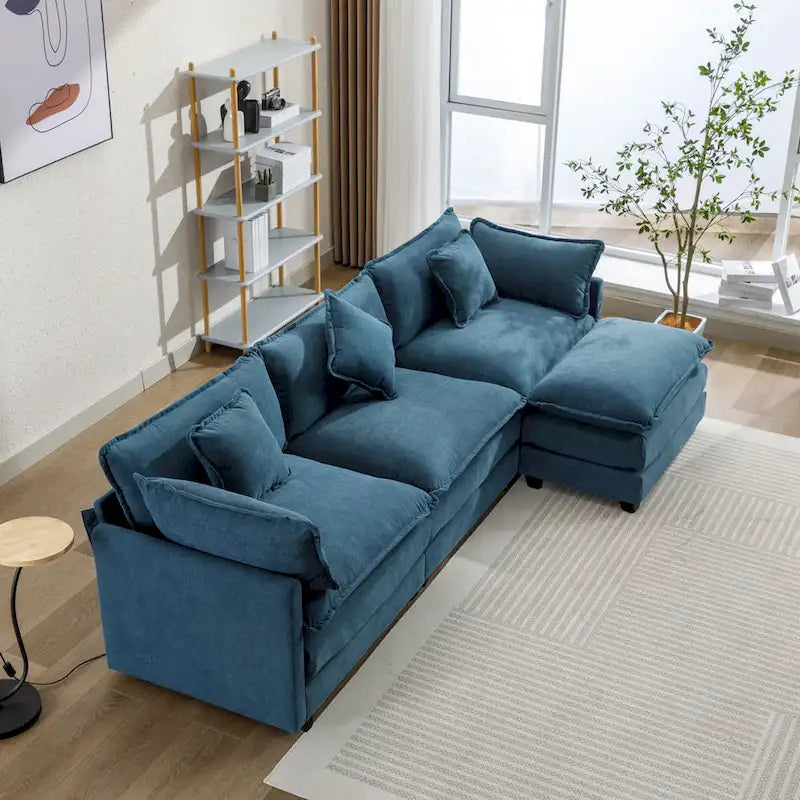 Sofá esquinero tapizado en chenilla de 112.2" para sala de estar, sofá moderno de lujo con otomana, 5 almohadas, beige