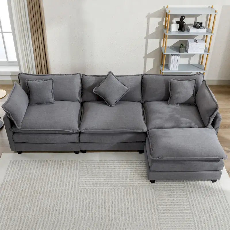 Sofá esquinero tapizado en chenilla de 112.2" para sala de estar, sofá moderno de lujo con otomana, 5 almohadas, beige