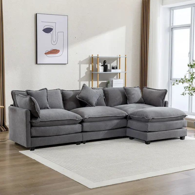 Sofá esquinero tapizado en chenilla de 112.2" para sala de estar, sofá moderno de lujo con otomana, 5 almohadas, beige