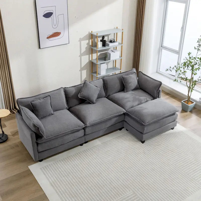Sofá esquinero tapizado en chenilla de 112.2" para sala de estar, sofá moderno de lujo con otomana, 5 almohadas, beige