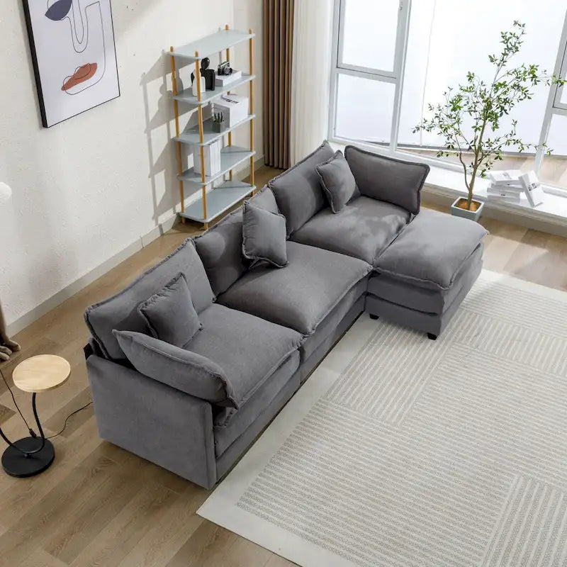 Sofá esquinero tapizado en chenilla de 112.2" para sala de estar, sofá moderno de lujo con otomana, 5 almohadas, beige