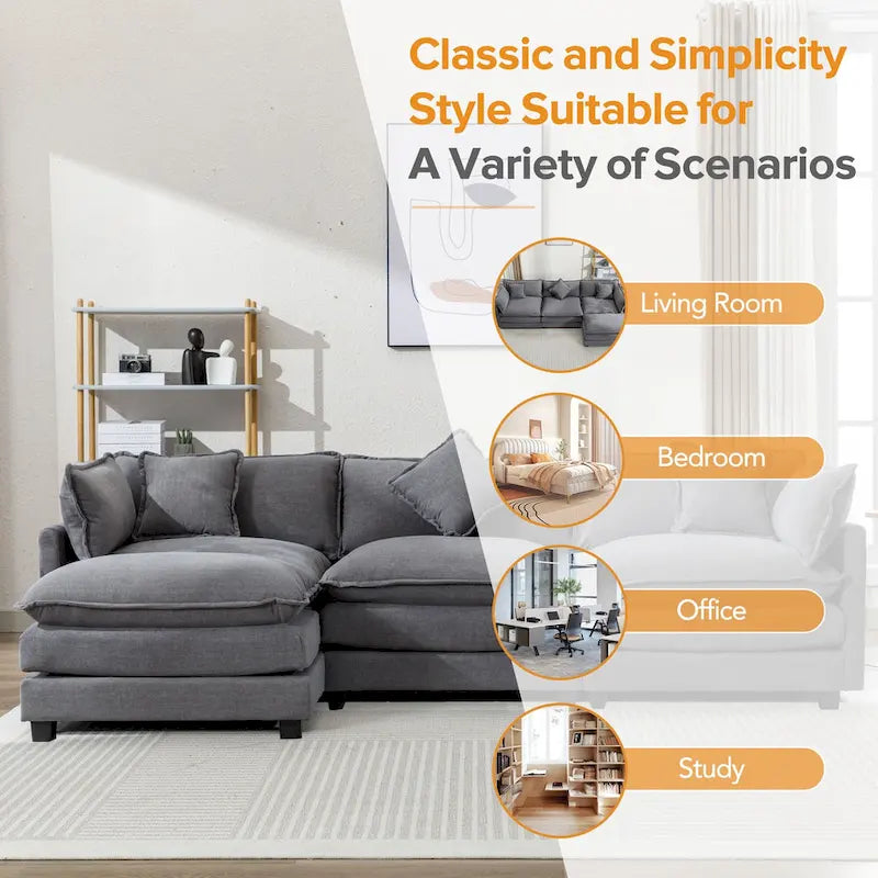 Sofá esquinero tapizado en chenilla de 112.2" para sala de estar, sofá moderno de lujo con otomana, 5 almohadas, beige
