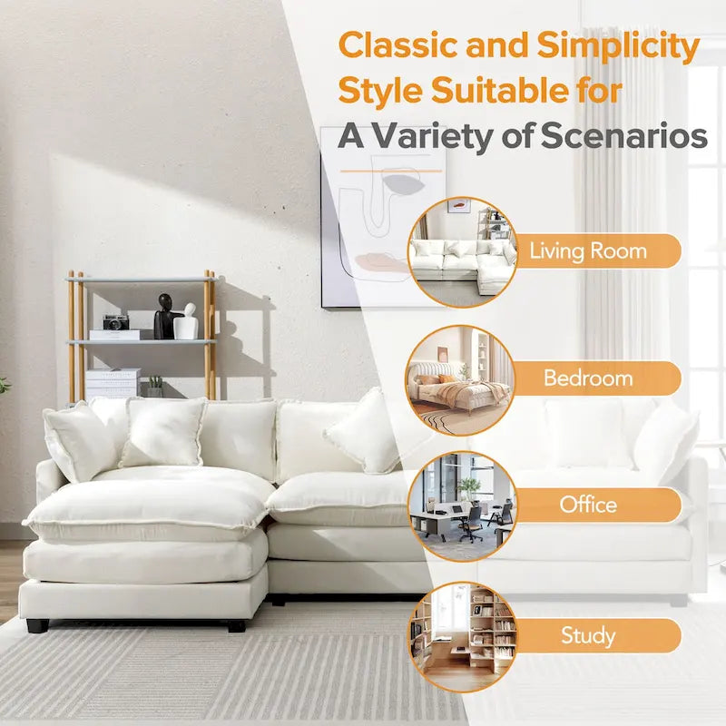 Sofá esquinero tapizado en chenilla de 112.2" para sala de estar, sofá moderno de lujo con otomana, 5 almohadas, beige