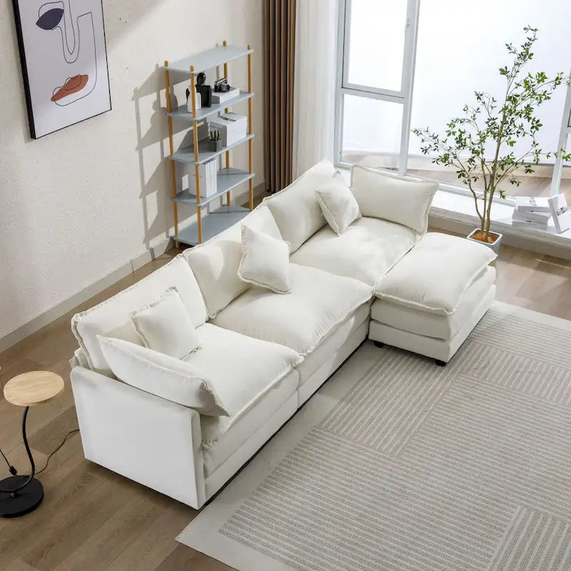 Sofá esquinero tapizado en chenilla de 112.2" para sala de estar, sofá moderno de lujo con otomana, 5 almohadas, beige