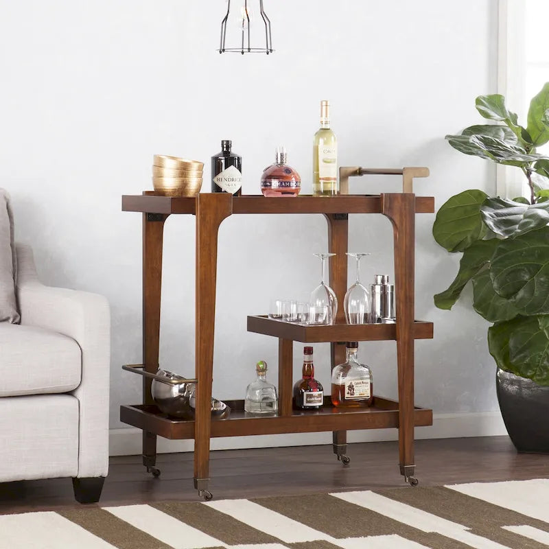 Carrito de bar moderno de mediados de siglo de 3 niveles con imitación de madera, detalles metálicos elegantes y amplio espacio de almacenamiento