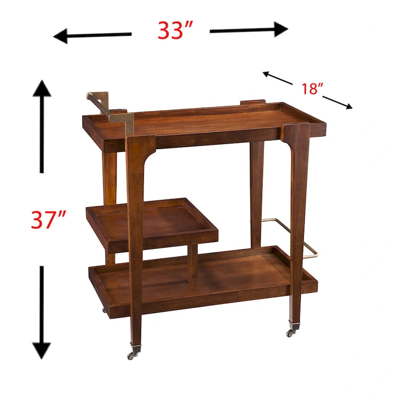 Carrito de bar moderno de mediados de siglo de 3 niveles con imitación de madera, detalles metálicos elegantes y amplio espacio de almacenamiento