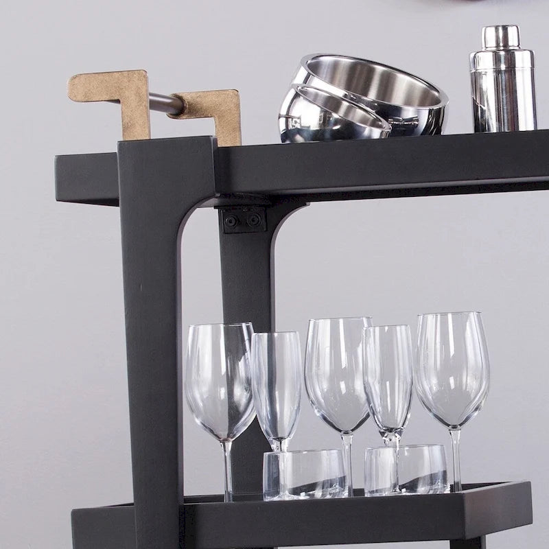 Carrito de bar moderno de mediados de siglo de 3 niveles con imitación de madera, detalles metálicos elegantes y amplio espacio de almacenamiento