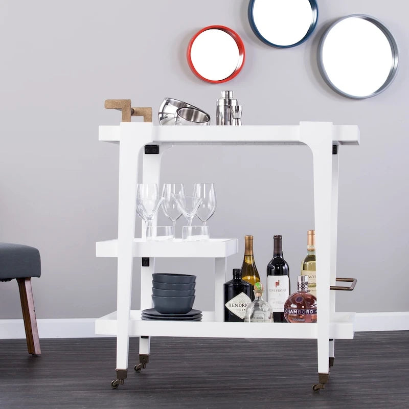 Carrito de bar moderno de mediados de siglo de 3 niveles con imitación de madera, detalles metálicos elegantes y amplio espacio de almacenamiento